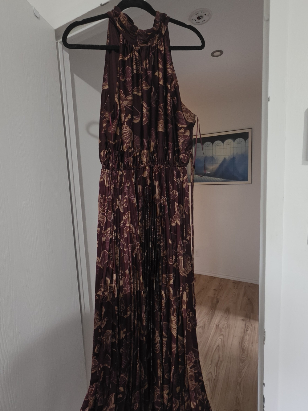 Elegant Floral Halter Maxi Dress in Burgundy and Gold